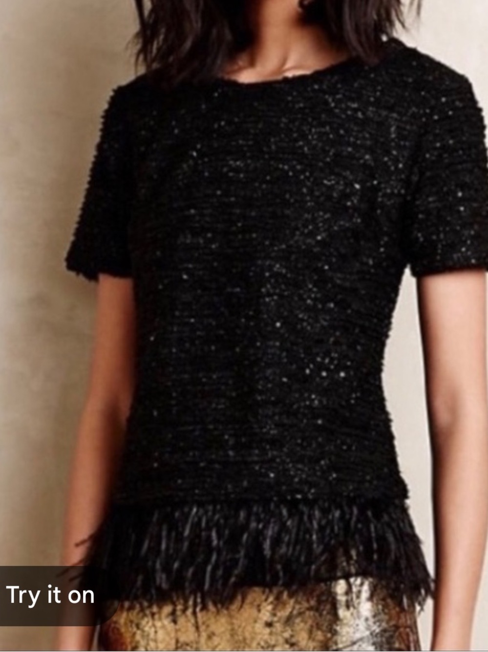 Anthropologie Deletta Sequin Feather Fringe Bouclé Tweed Top Blouse Black Size S